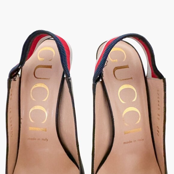Gucci Sylvie Web Stripe Slingback Pumps EU 37 US 7 Black Pointed Toe High Heels - Picture 5 of 14